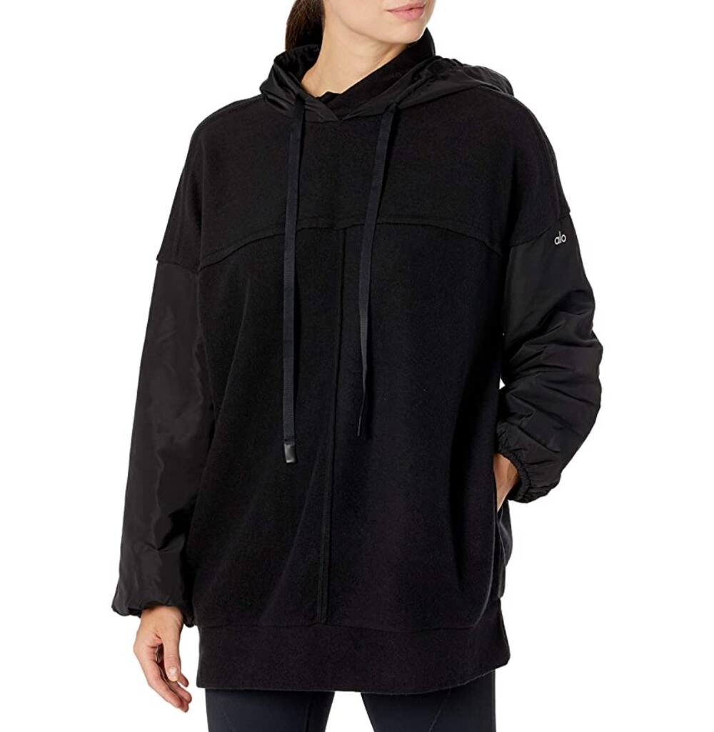 Alo Yoga Mixed Media Pullover Black Oversized Relaxed Hoodie Gym Travel Size S